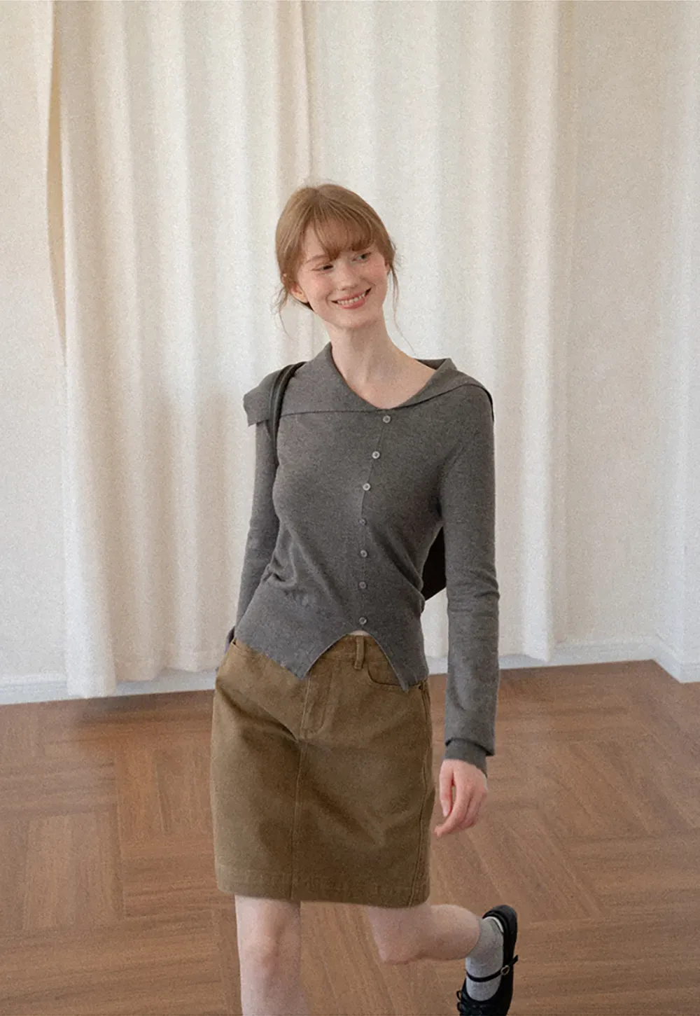 Asymmetrical Hem V Neck Button Front Knit Sweater
