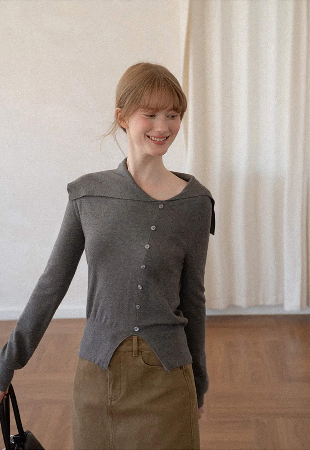 Asymmetrical Hem V Neck Button Front Knit Sweater