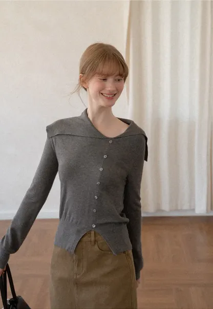 Asymmetrical Hem V Neck Button Front Knit Sweater