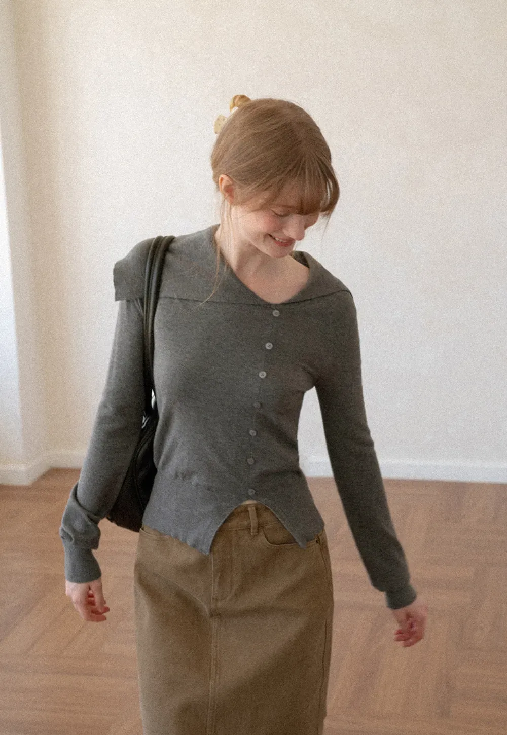 Asymmetrical Hem V Neck Button Front Knit Sweater