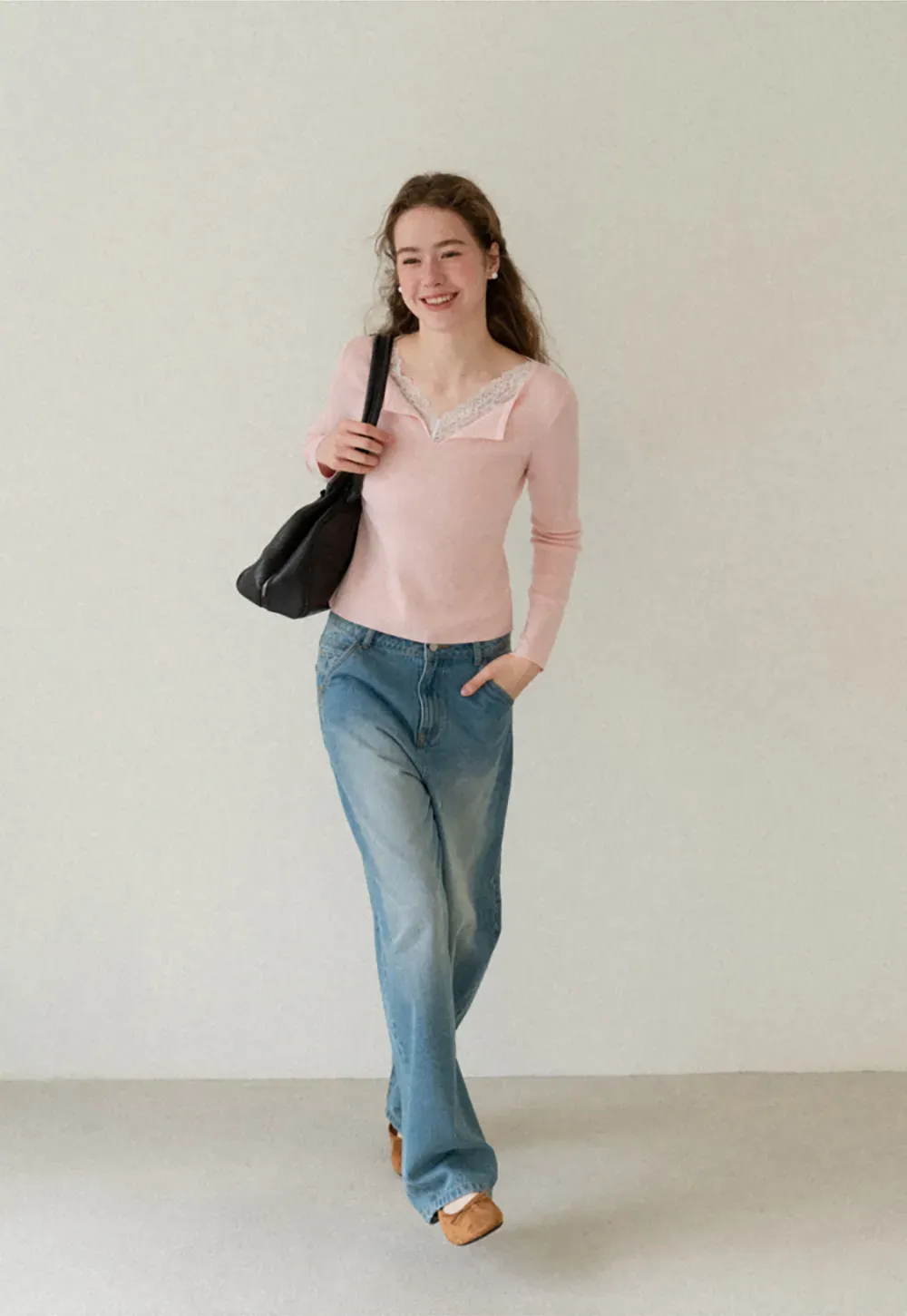 Lace Trim V Neck Long Sleeve Knit Sweater