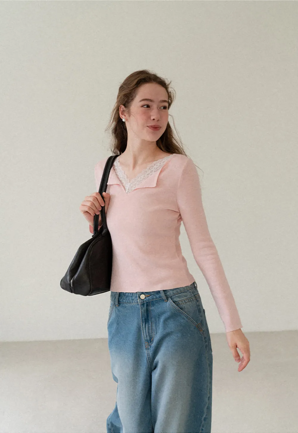 Lace Trim V Neck Long Sleeve Knit Sweater
