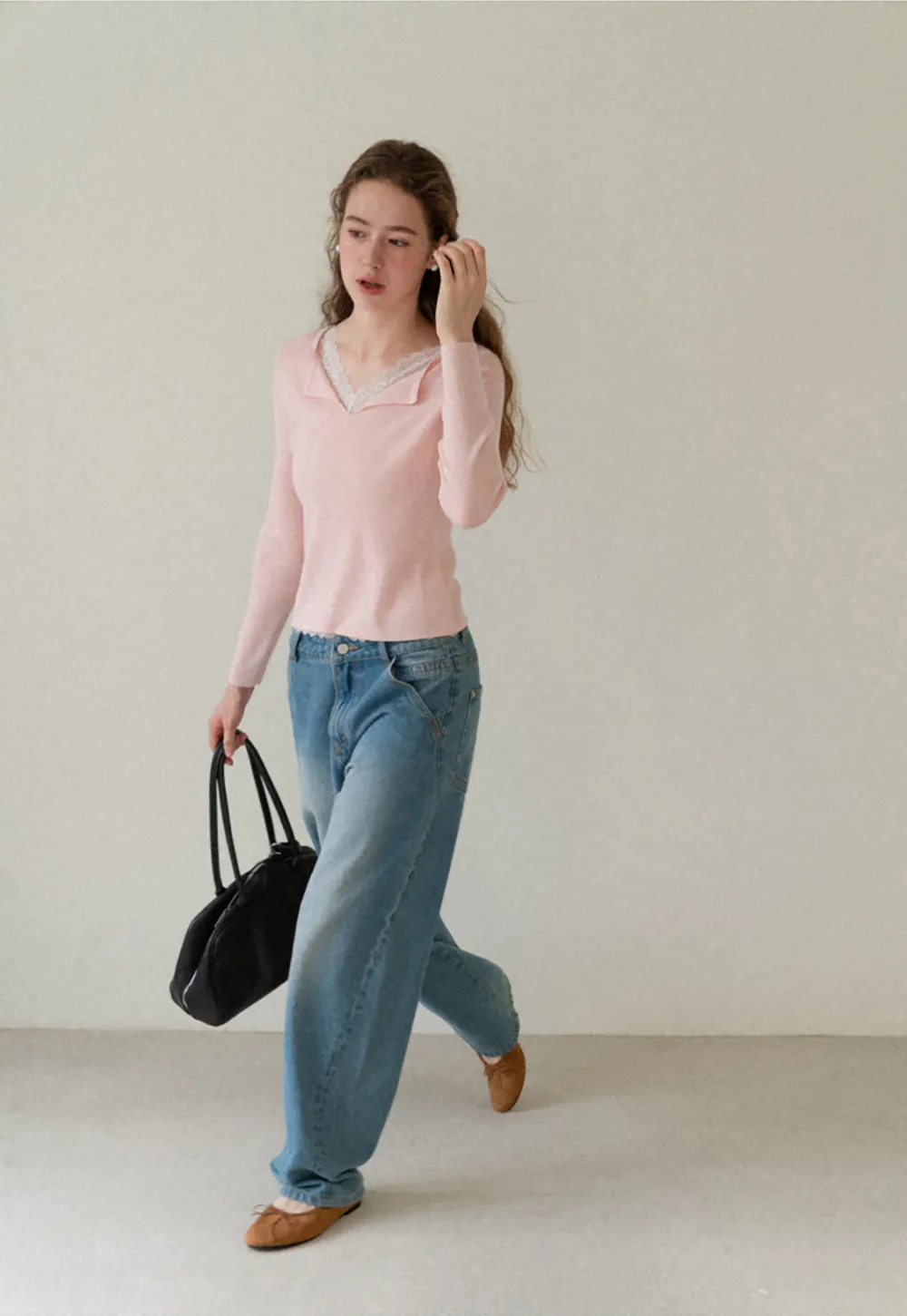 Lace Trim V Neck Long Sleeve Knit Sweater