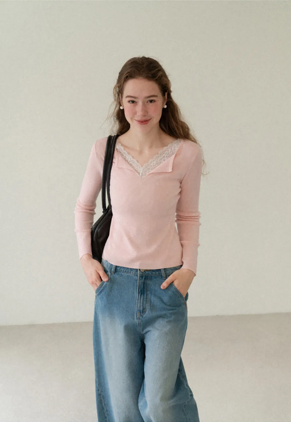 Lace Trim V Neck Long Sleeve Knit Sweater