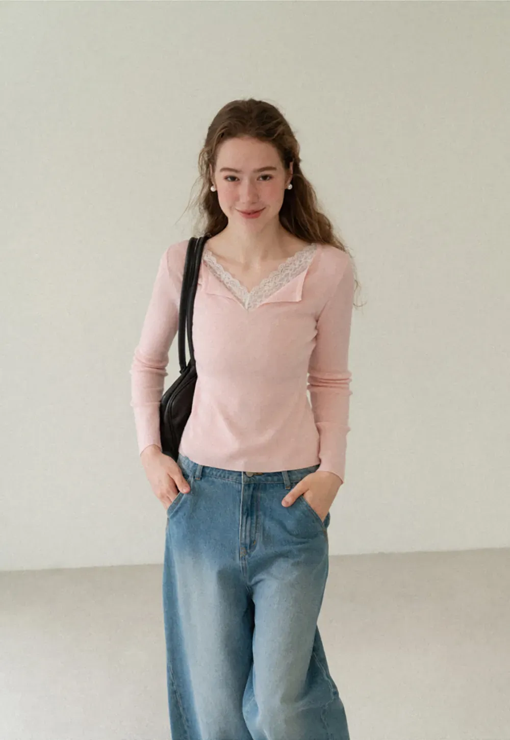 Lace Trim V Neck Long Sleeve Knit Sweater