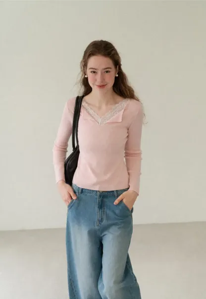 Lace Trim V Neck Long Sleeve Knit Sweater