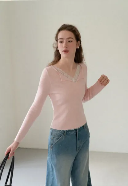 Lace Trim V Neck Long Sleeve Knit Sweater