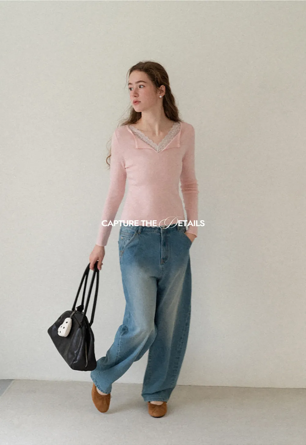 Lace Trim V Neck Long Sleeve Knit Sweater