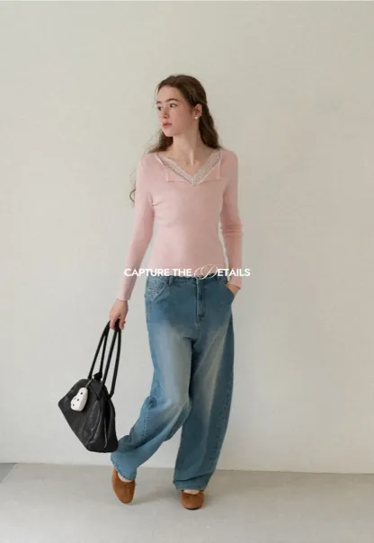 Lace Trim V Neck Long Sleeve Knit Sweater