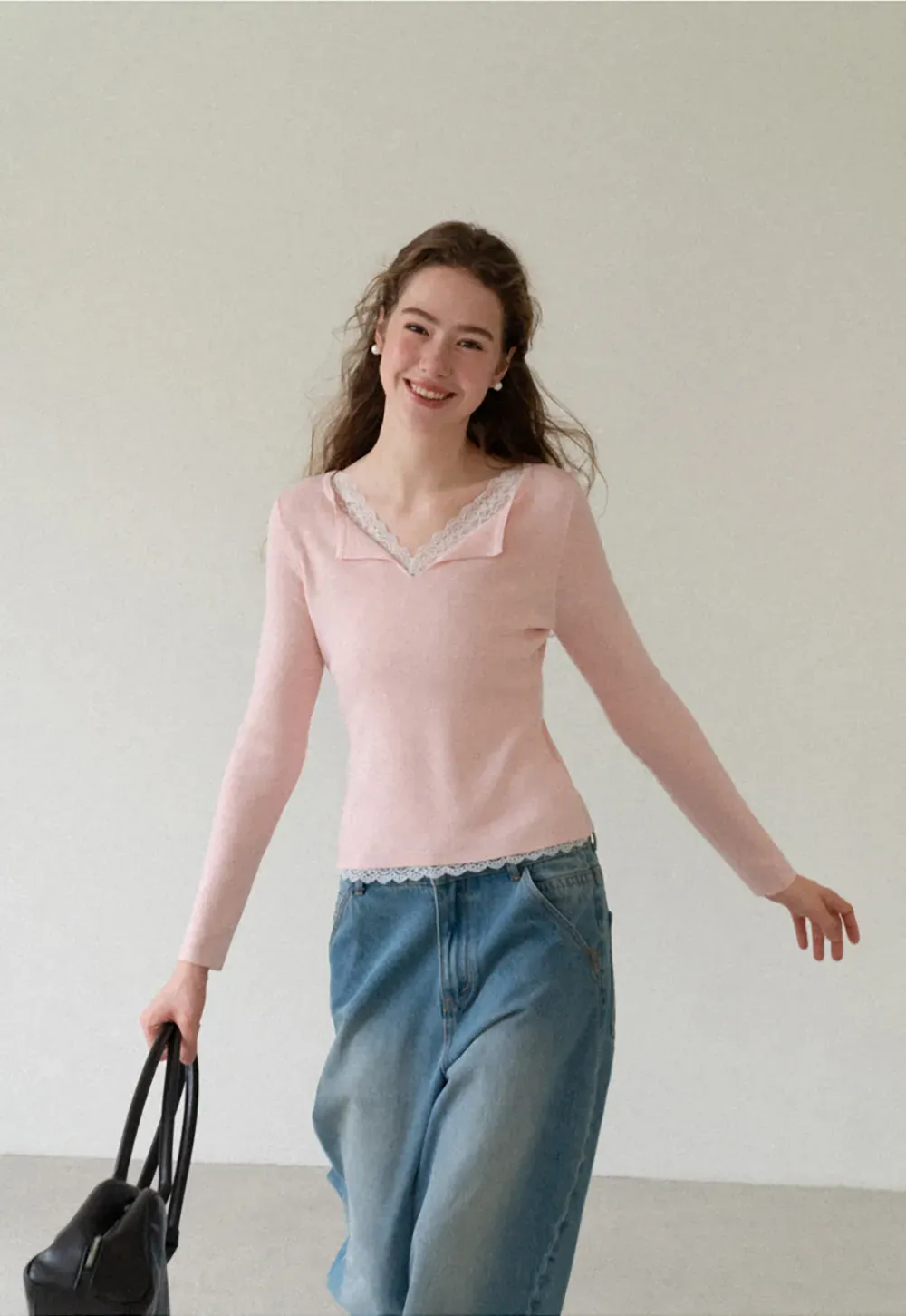 Lace Trim V Neck Long Sleeve Knit Sweater