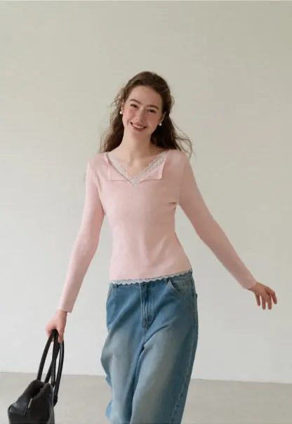 Lace Trim V Neck Long Sleeve Knit Sweater