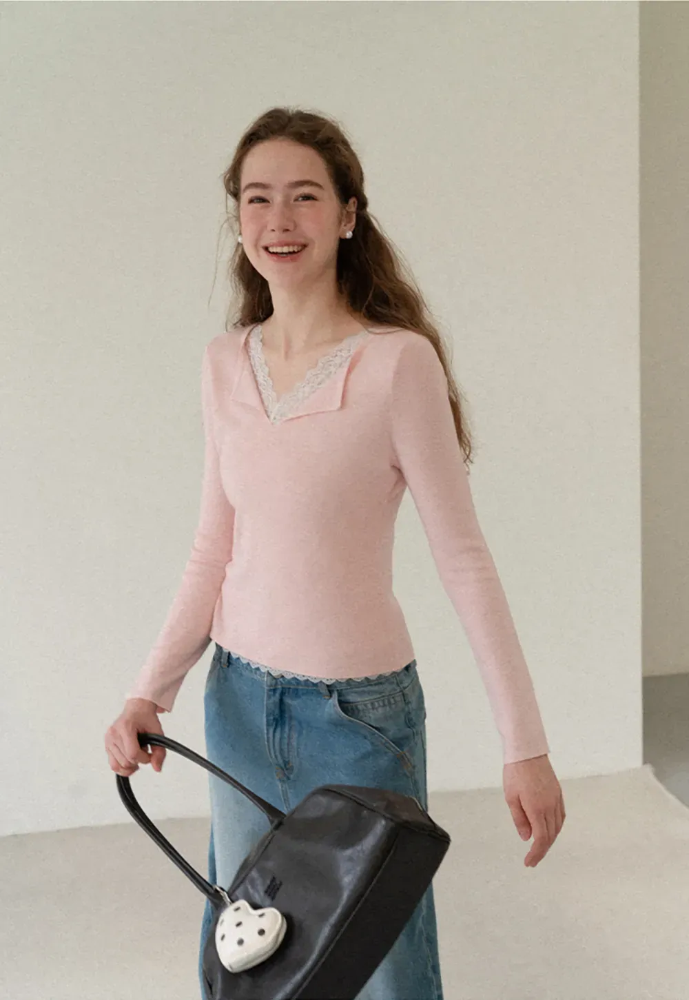 Lace Trim V Neck Long Sleeve Knit Sweater