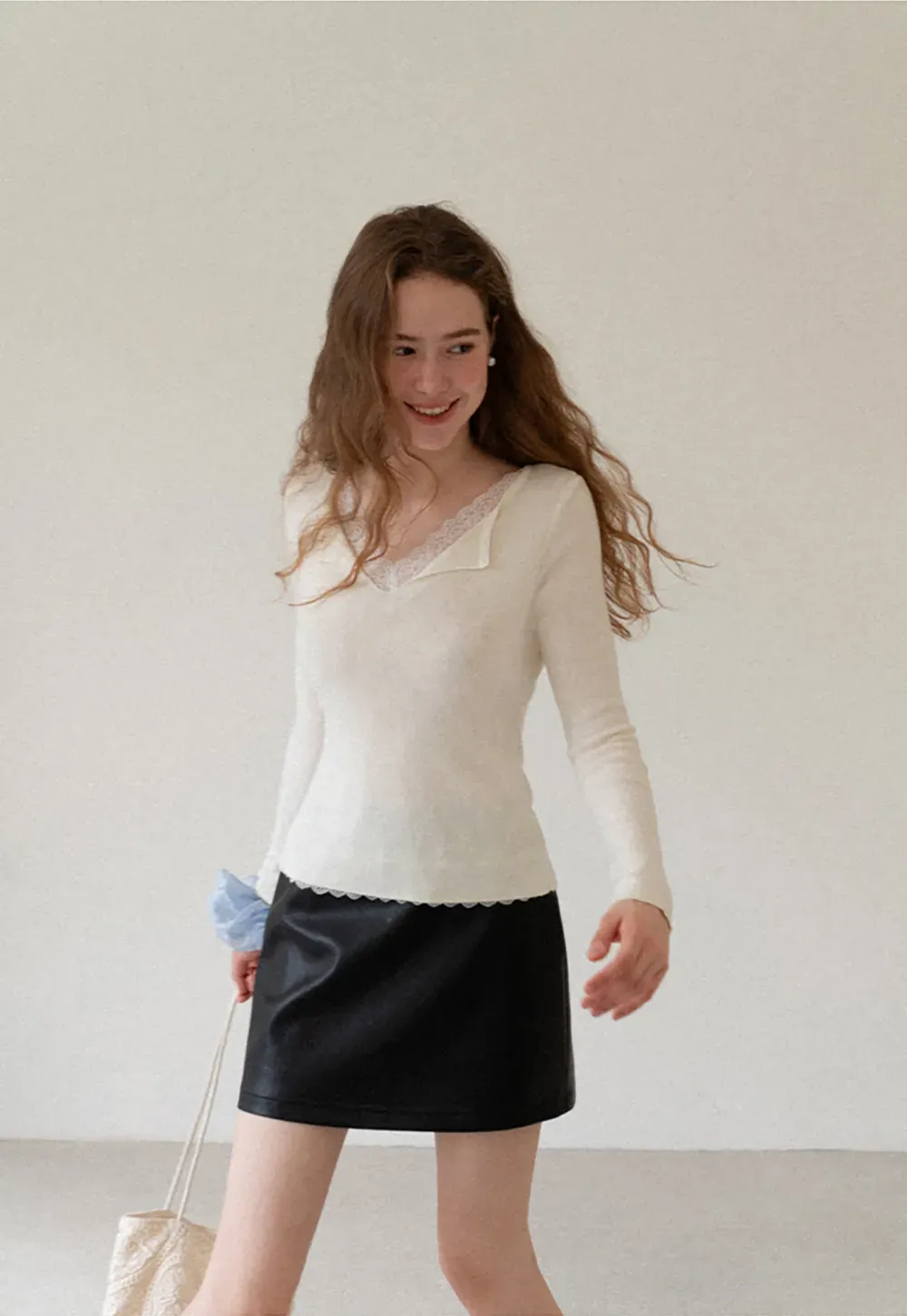 Lace Trim V Neck Long Sleeve Knit Sweater
