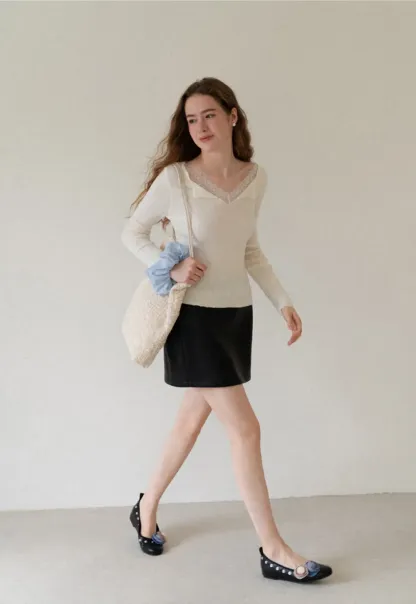 Lace Trim V Neck Long Sleeve Knit Sweater