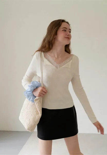 Lace Trim V Neck Long Sleeve Knit Sweater