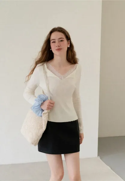 Lace Trim V Neck Long Sleeve Knit Sweater