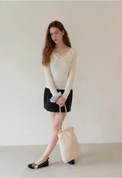 Lace Trim V Neck Long Sleeve Knit Sweater