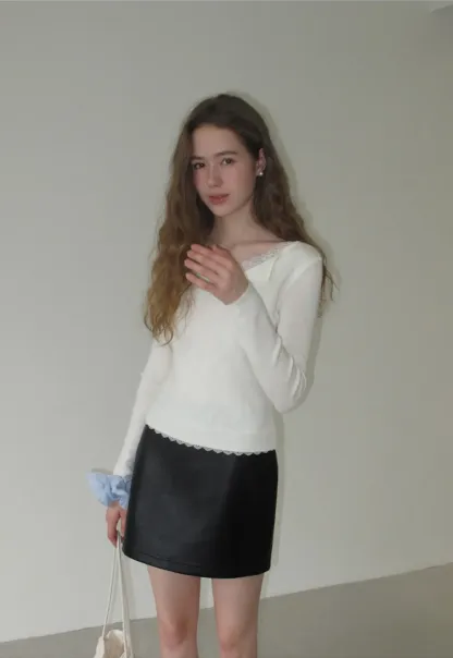 Lace Trim V Neck Long Sleeve Knit Sweater