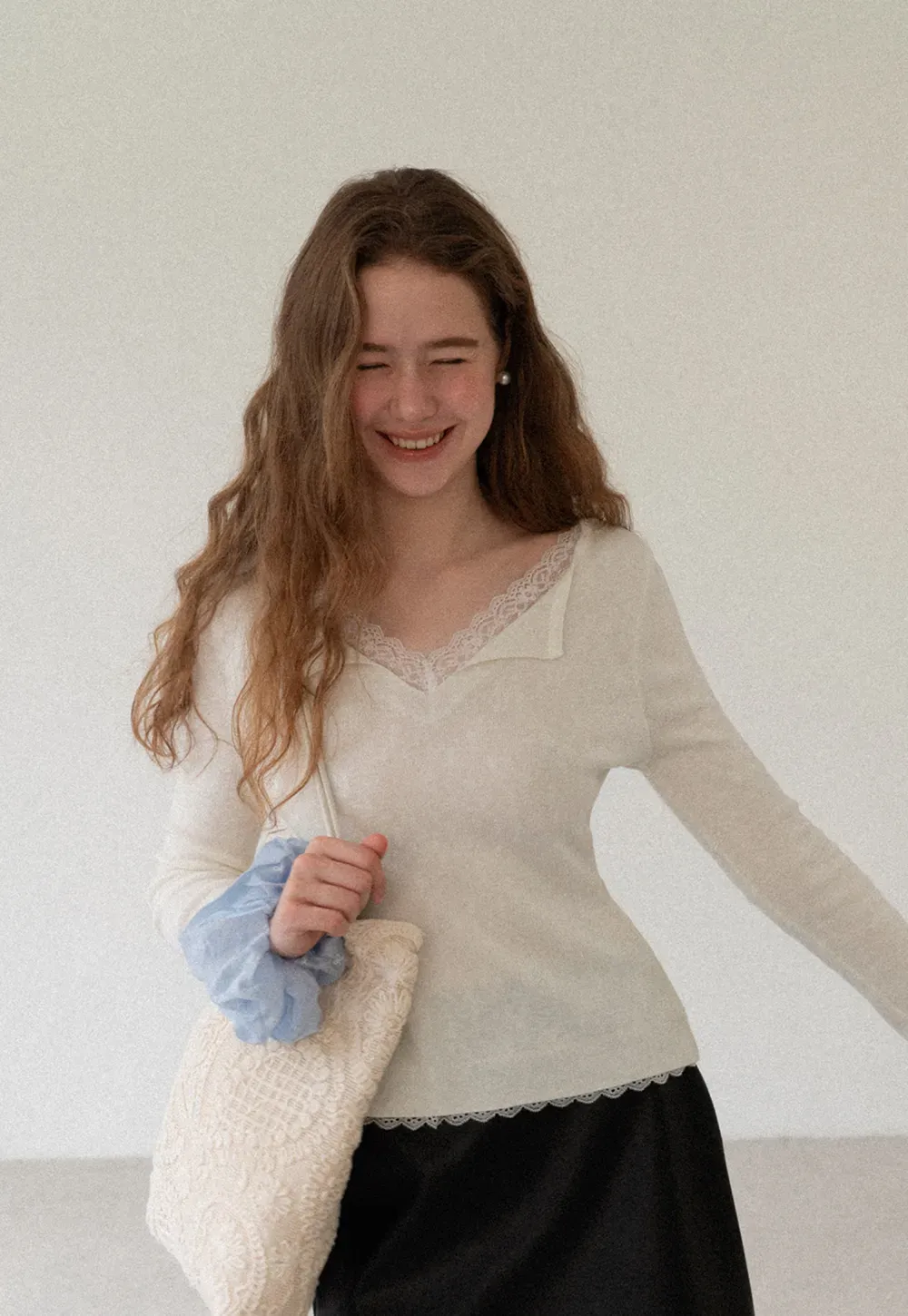 Lace Trim V Neck Long Sleeve Knit Sweater