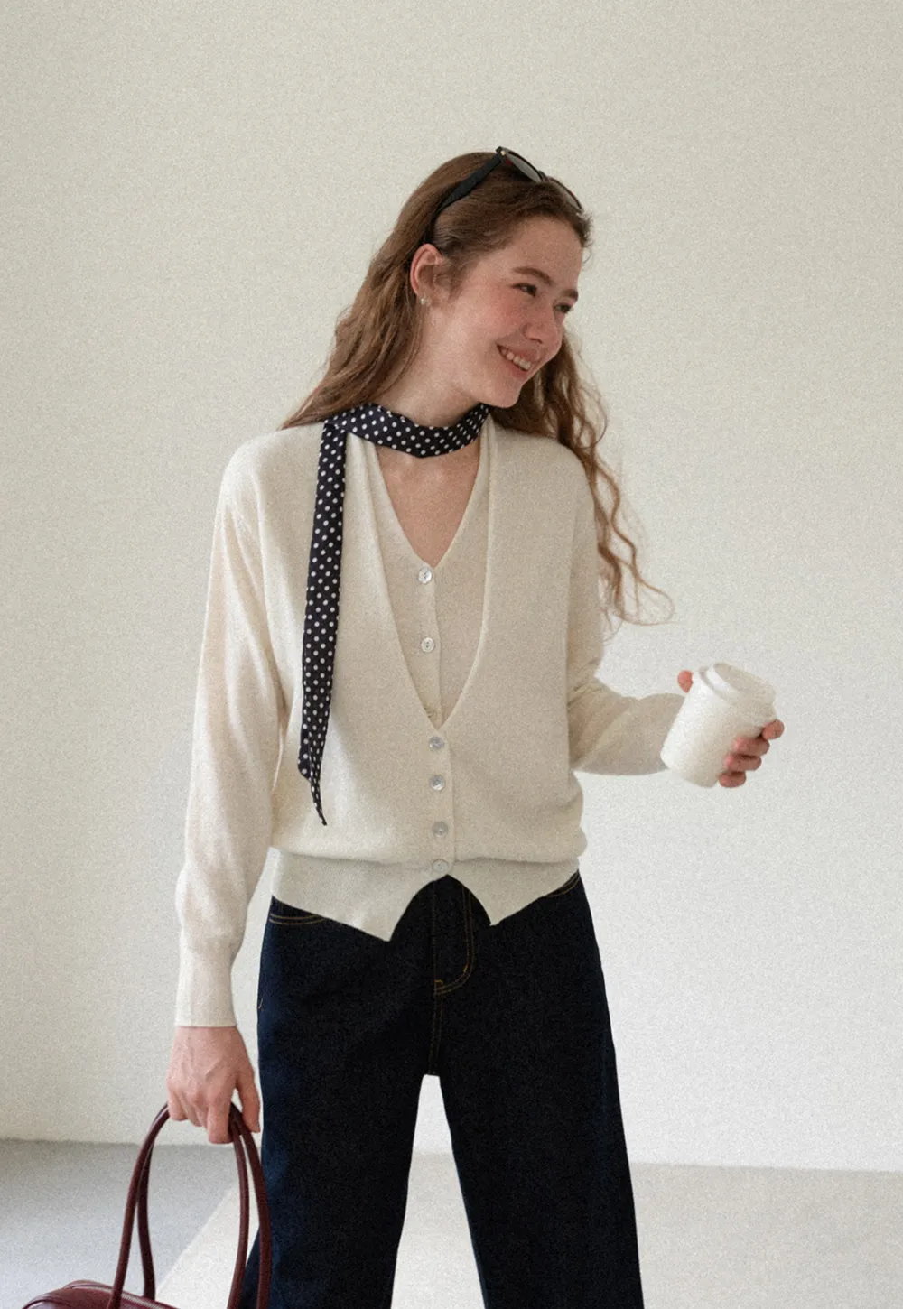 V Neck Button Front Cardigan Wool Knit Sweater
