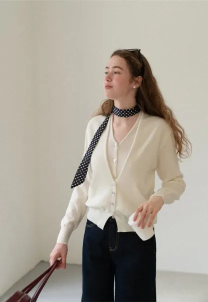 V Neck Button Front Cardigan Wool Knit Sweater