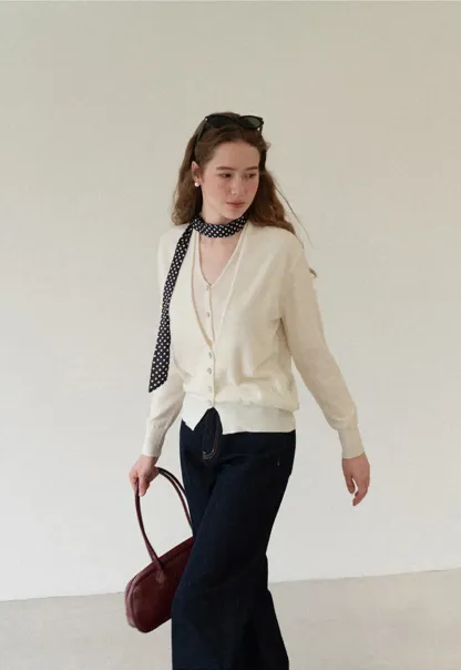 V Neck Button Front Cardigan Wool Knit Sweater