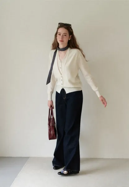 V Neck Button Front Cardigan Wool Knit Sweater