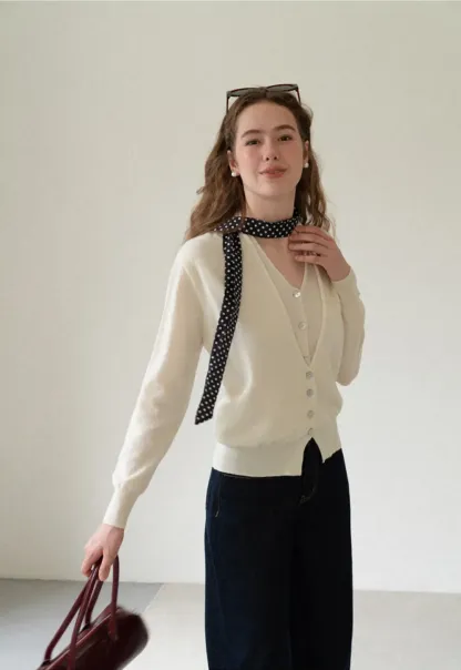 V Neck Button Front Cardigan Wool Knit Sweater