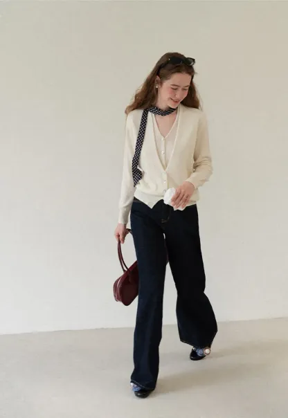 V Neck Button Front Cardigan Wool Knit Sweater