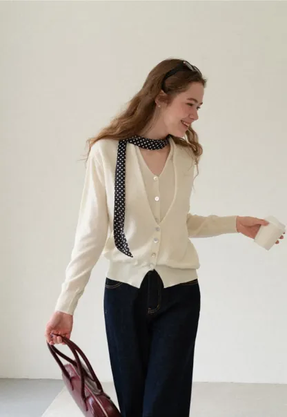 V Neck Button Front Cardigan Wool Knit Sweater