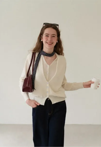 V Neck Button Front Cardigan Wool Knit Sweater