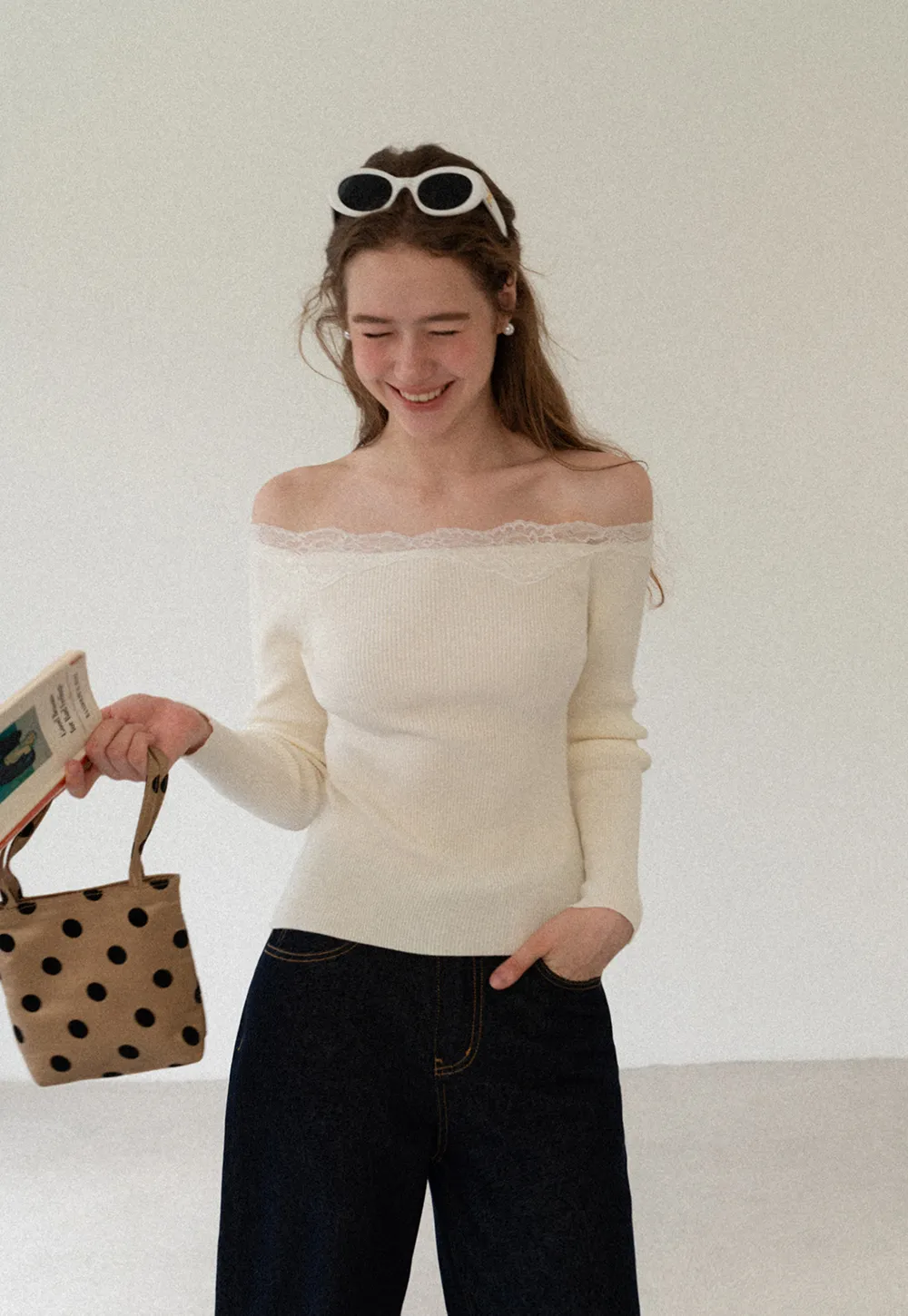 Lace Trim Off Shoulder Ribbed Knit Sweater