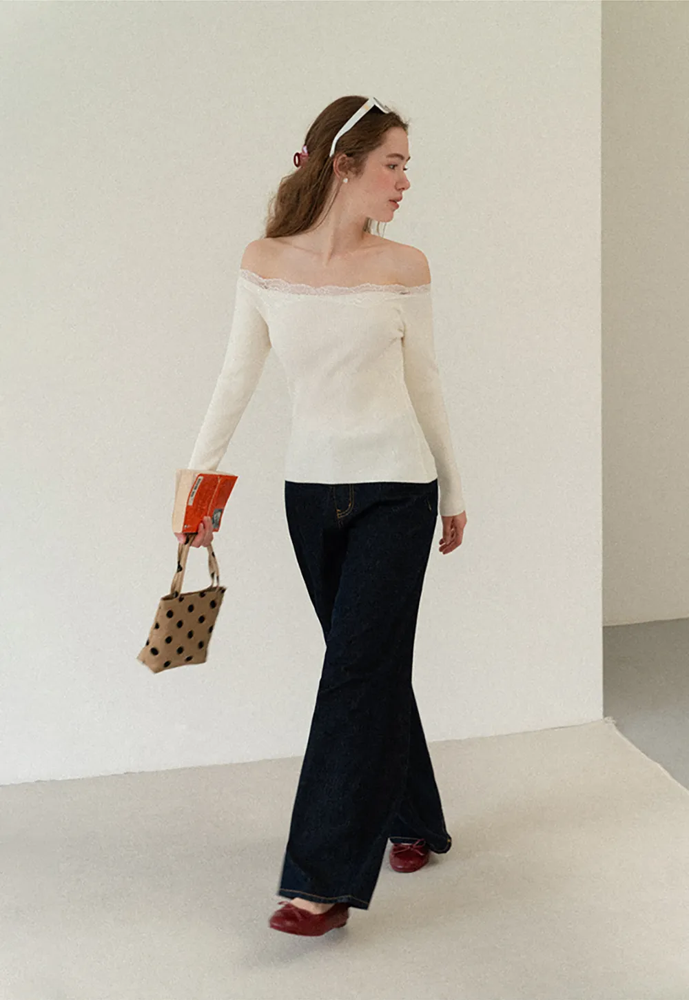 Lace Trim Off Shoulder Ribbed Knit Sweater