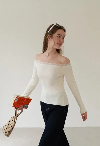 Lace Trim Off Shoulder Ribbed Knit Sweater