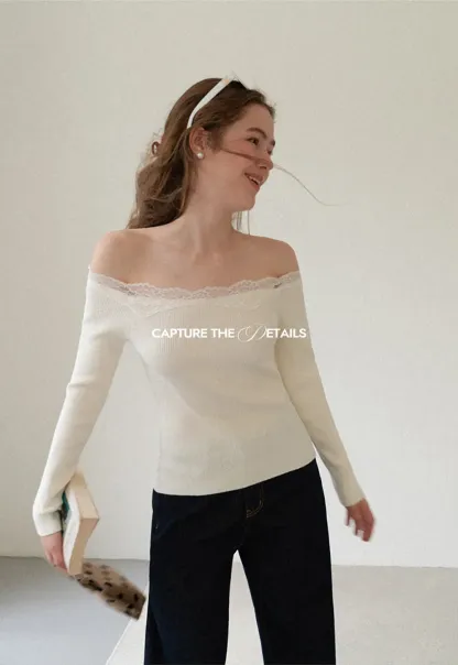 Lace Trim Off Shoulder Ribbed Knit Sweater