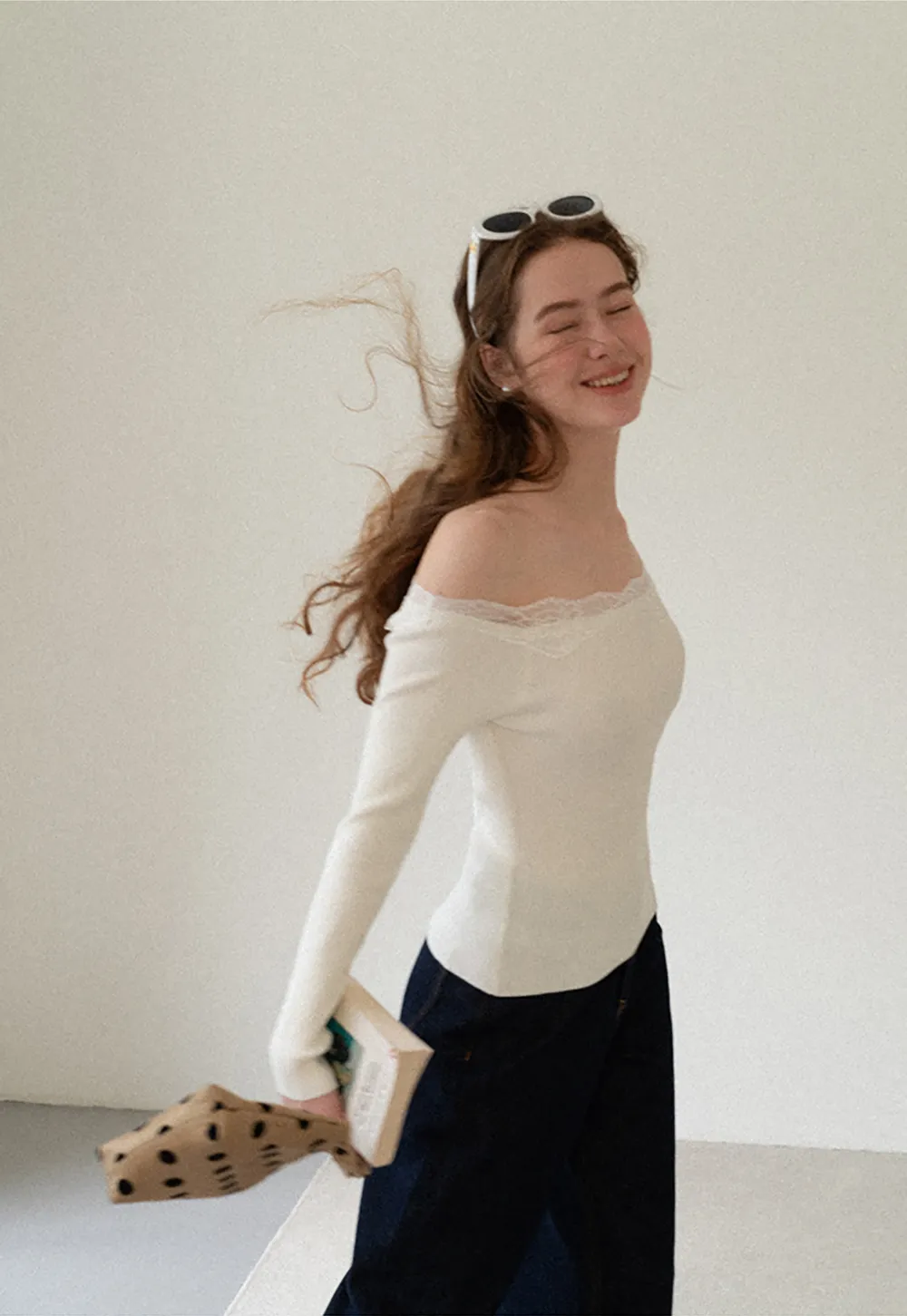 Lace Trim Off Shoulder Ribbed Knit Sweater