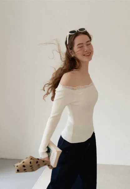 Lace Trim Off Shoulder Ribbed Knit Sweater
