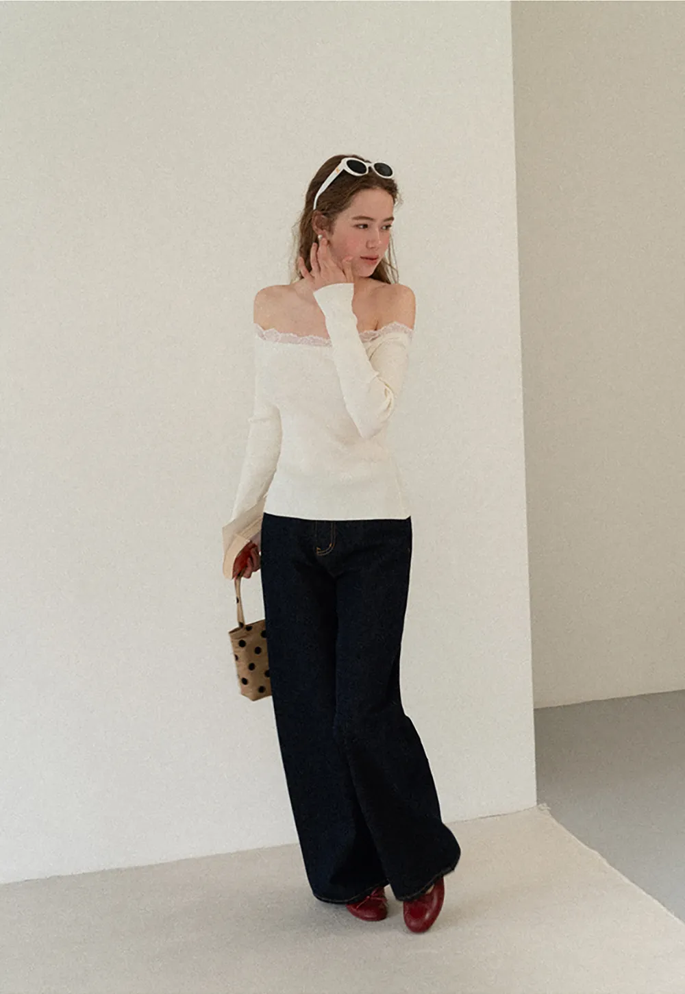 Lace Trim Off Shoulder Ribbed Knit Sweater