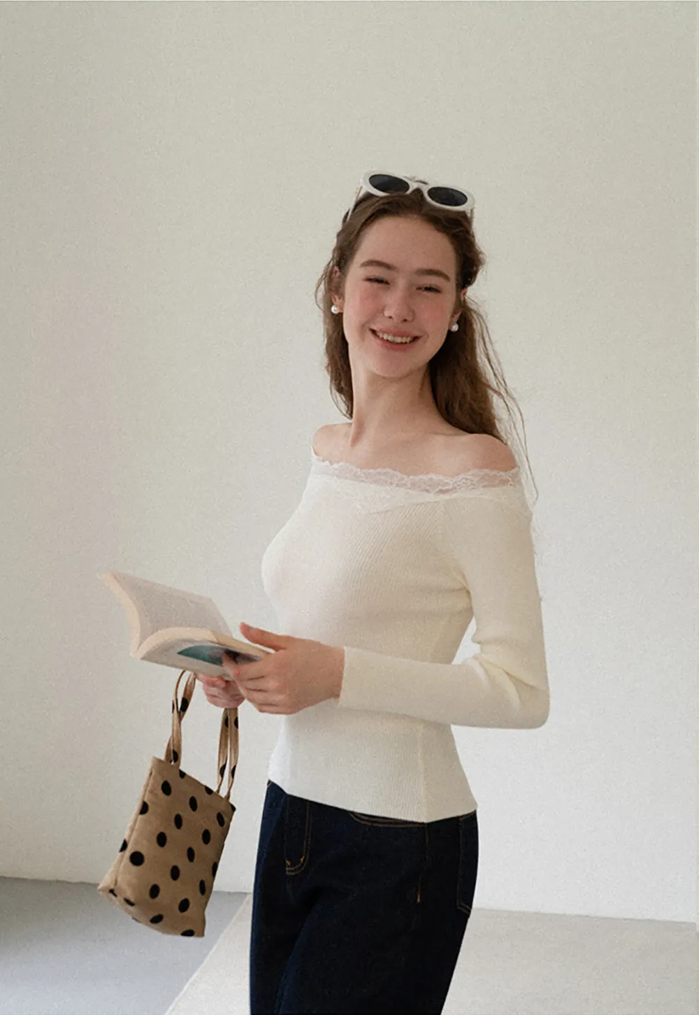 Lace Trim Off Shoulder Ribbed Knit Sweater