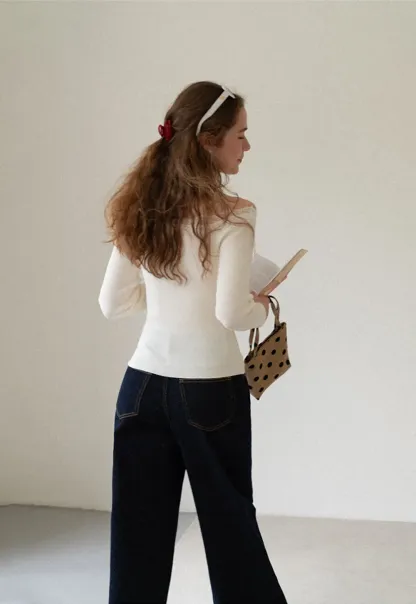 Lace Trim Off Shoulder Ribbed Knit Sweater