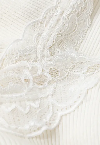 Lace Trim Off Shoulder Ribbed Knit Sweater
