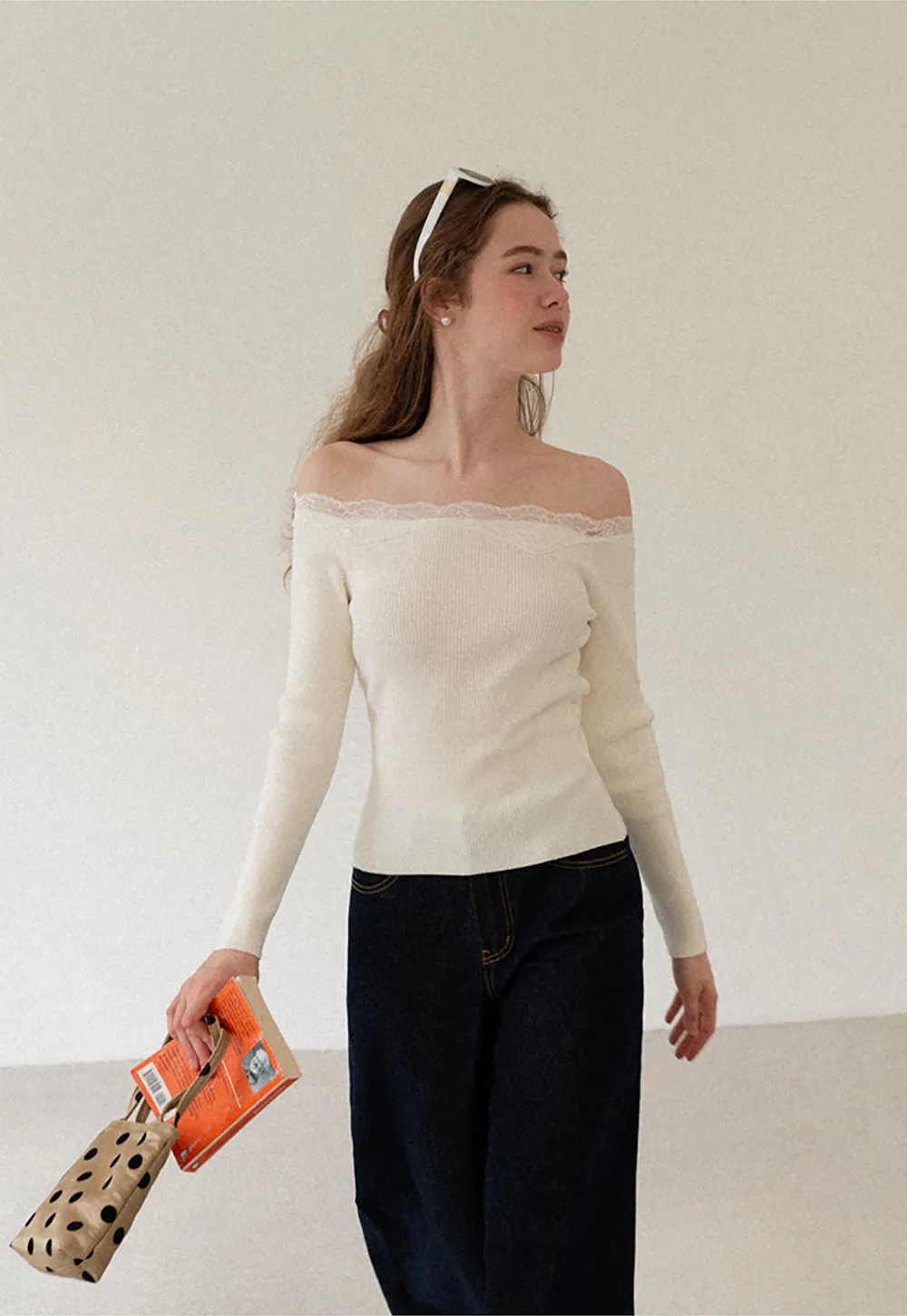 Lace Trim Off Shoulder Ribbed Knit Sweater