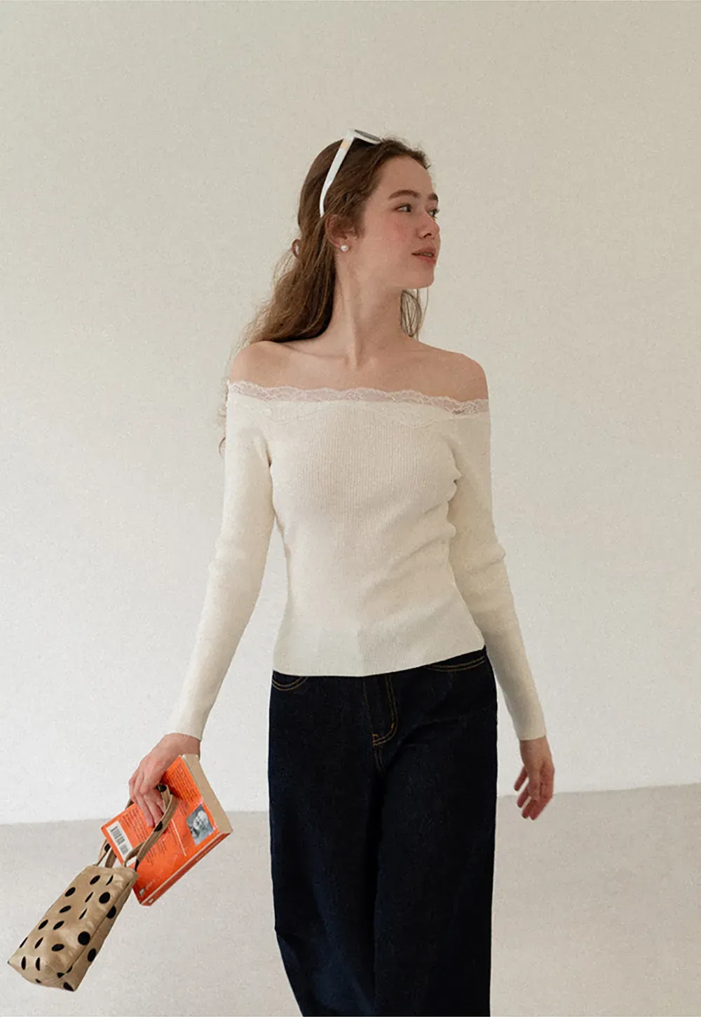 Lace Trim Off Shoulder Ribbed Knit Sweater
