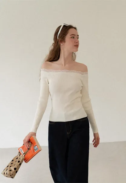 Lace Trim Off Shoulder Ribbed Knit Sweater
