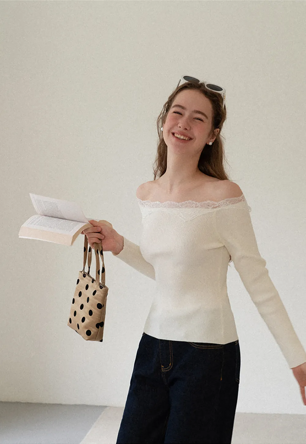Lace Trim Off Shoulder Ribbed Knit Sweater