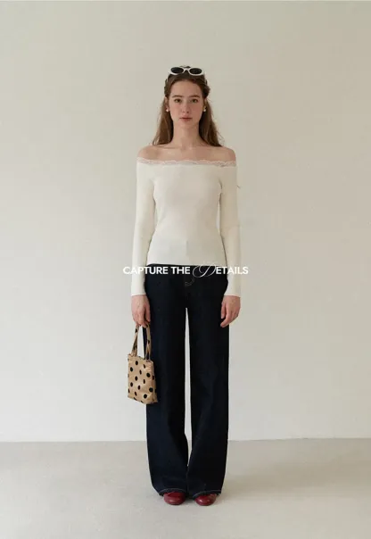 Lace Trim Off Shoulder Ribbed Knit Sweater