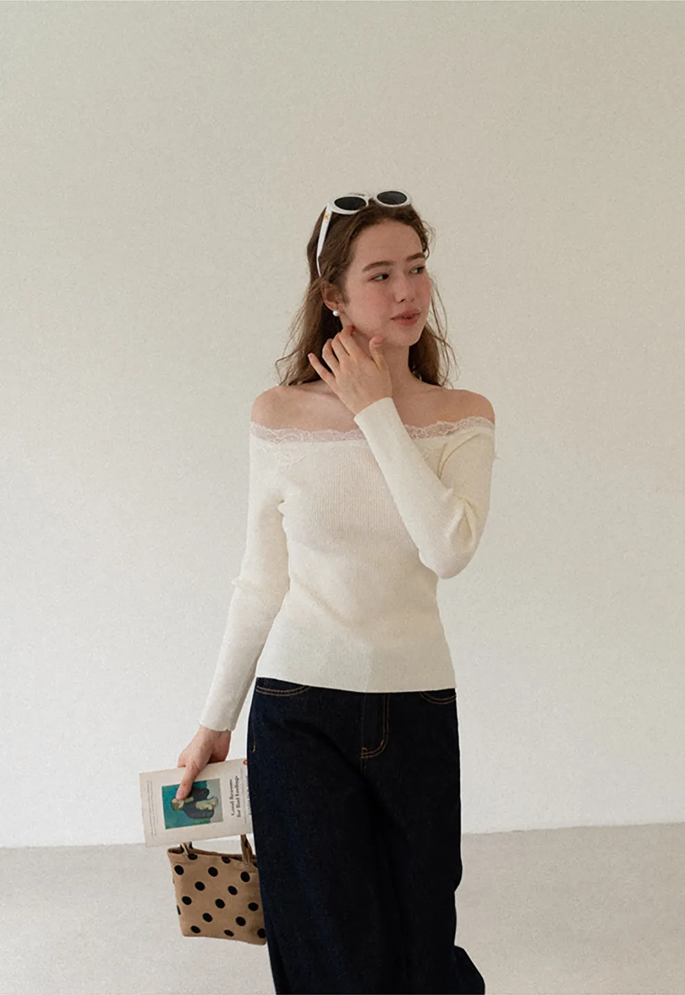 Lace Trim Off Shoulder Ribbed Knit Sweater