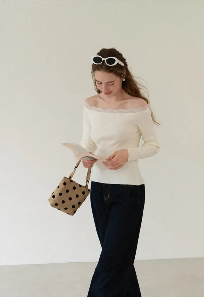 Lace Trim Off Shoulder Ribbed Knit Sweater