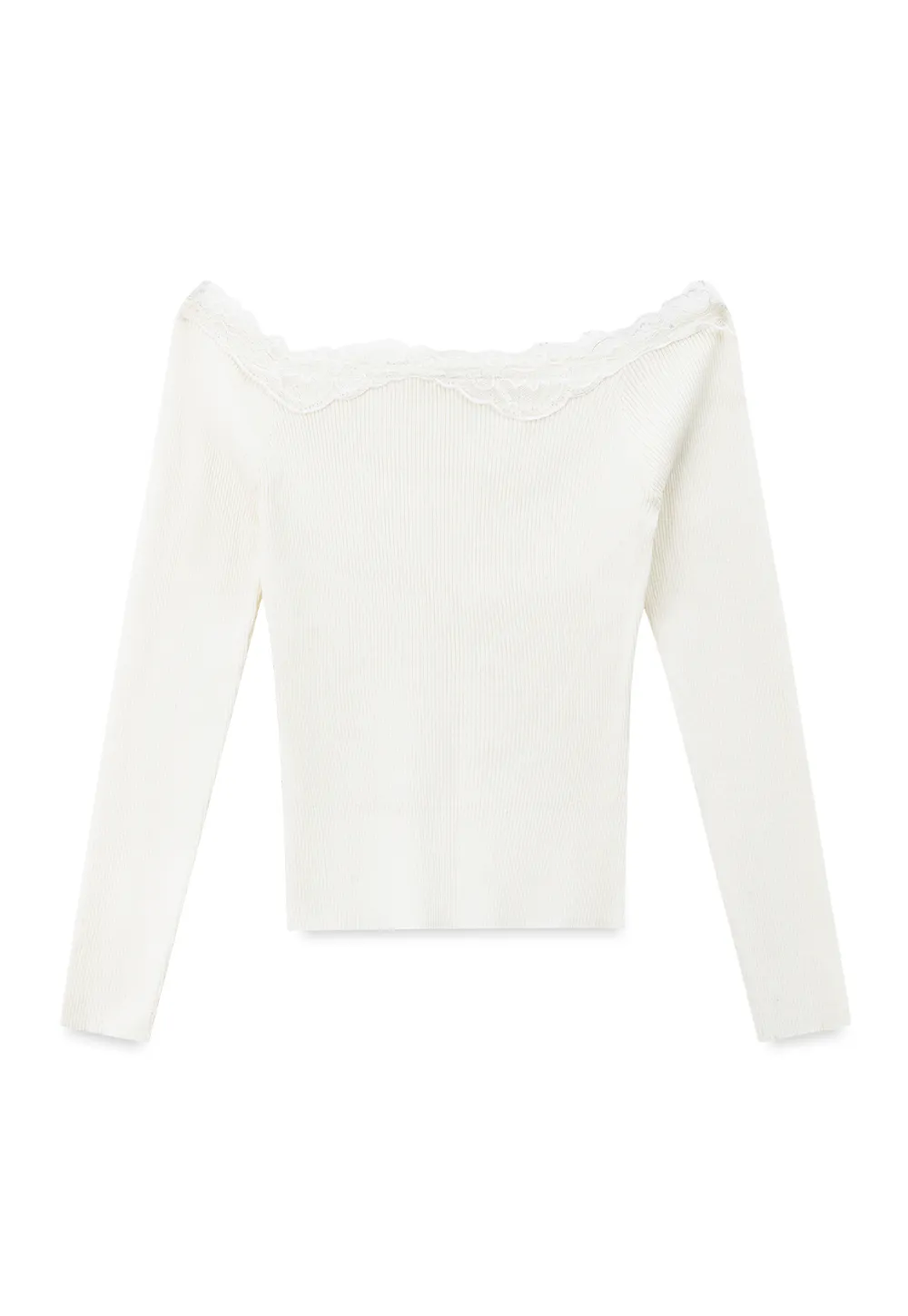 Lace Trim Off Shoulder Ribbed Knit Sweater