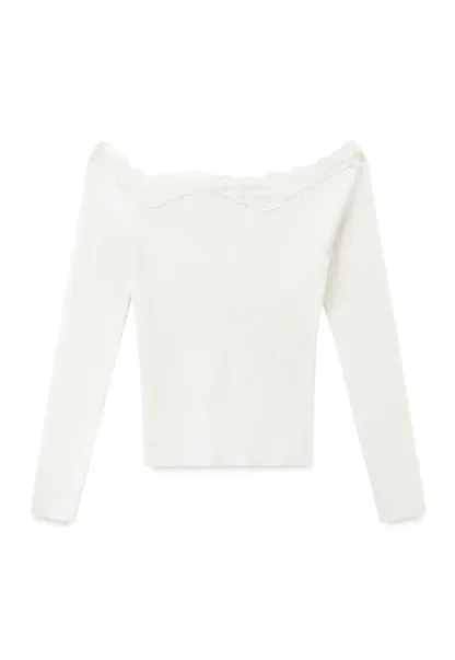 Lace Trim Off Shoulder Ribbed Knit Sweater